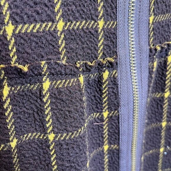 Oddy Plaid Ruffle Zip Up Jacket Chestnut Brown / Gold Windowpane Size Small - Picture 9 of 15